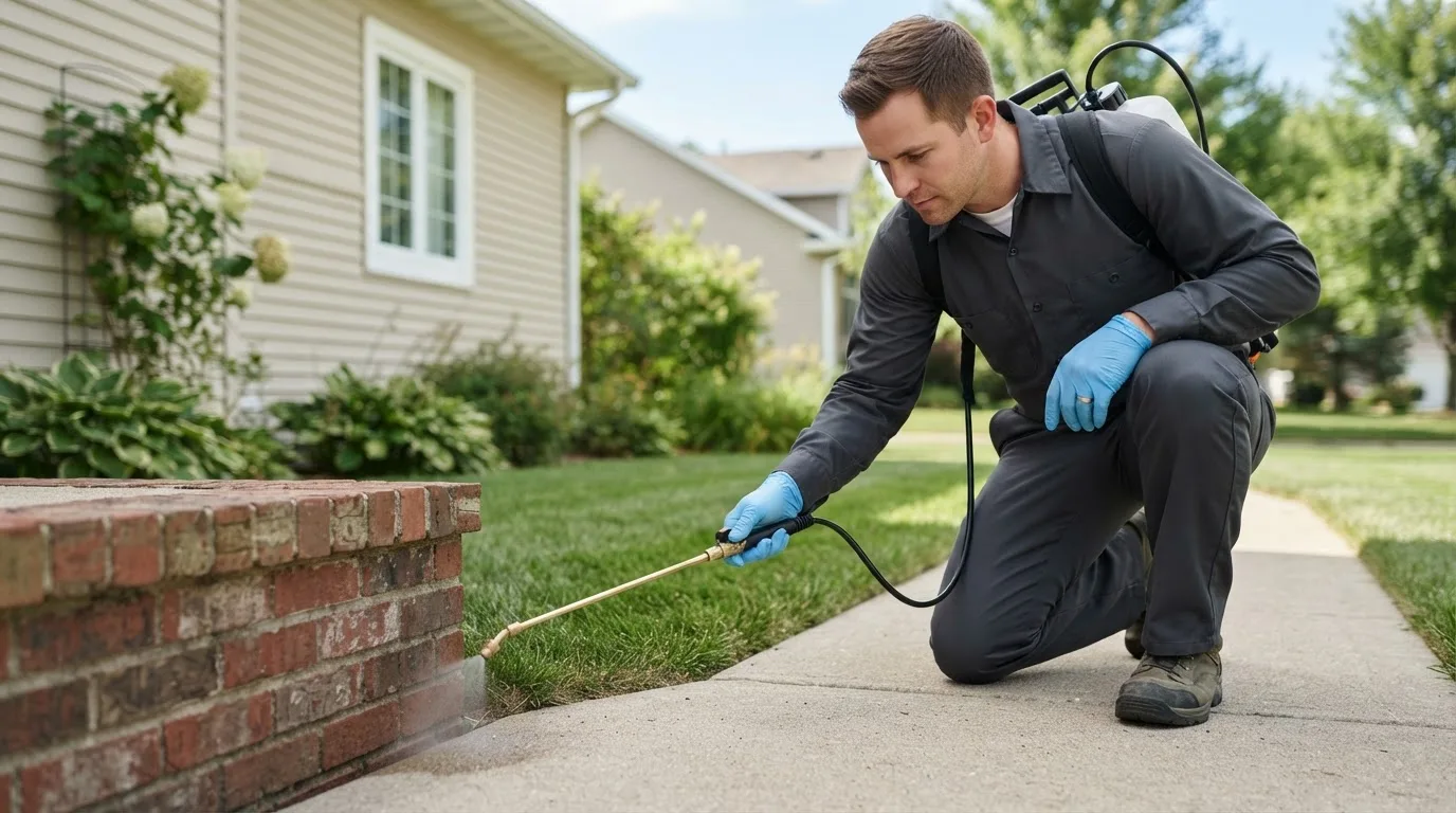 Pest control technician treating a home near Benton, TN
